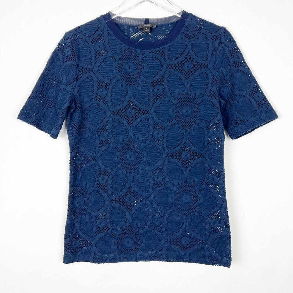 J. Crew Stretchy Floral Lace Crew Neck Short Sleeve Top. Navy Blue. Size S